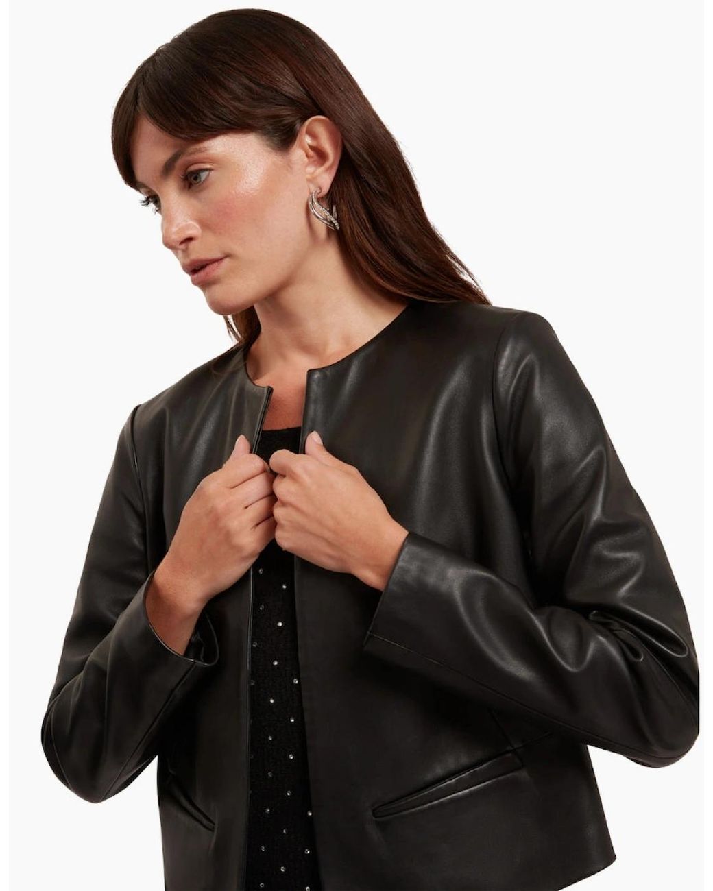 Ted Baker Black Quentia Cropped Collarless Leather Jacket