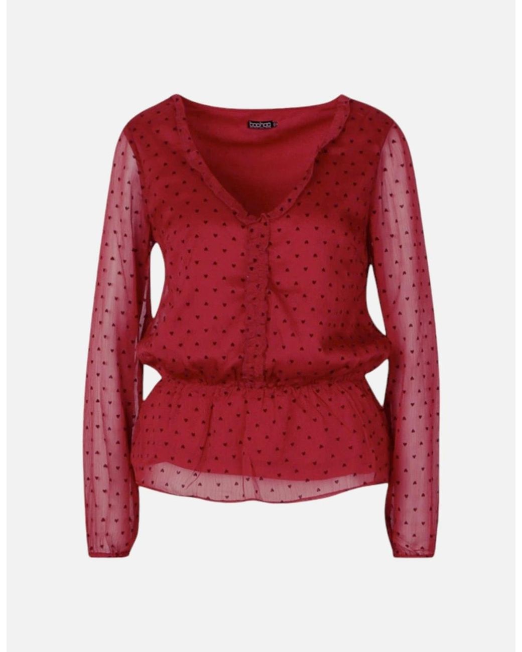 Brave Soul Red Heart Tops Long Sleeve V Neck Ladies Ruffle Casual Blouse Tee