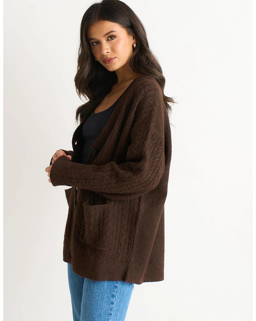 Gini London Brown Textured Knit Long Sleeve Pocket Cardigan