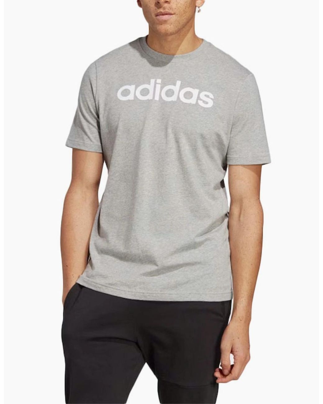 Adidas Gray Essentials T Shirts Crew Neck Single Jersey Linear Embroidered Logo for men