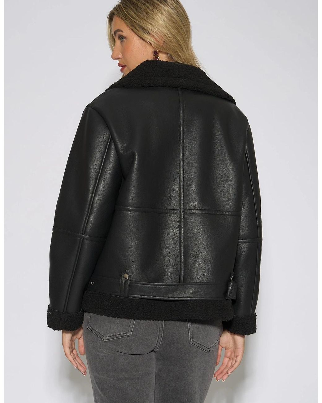 Gini London Gray Faux Leather Aviator Biker Jacket