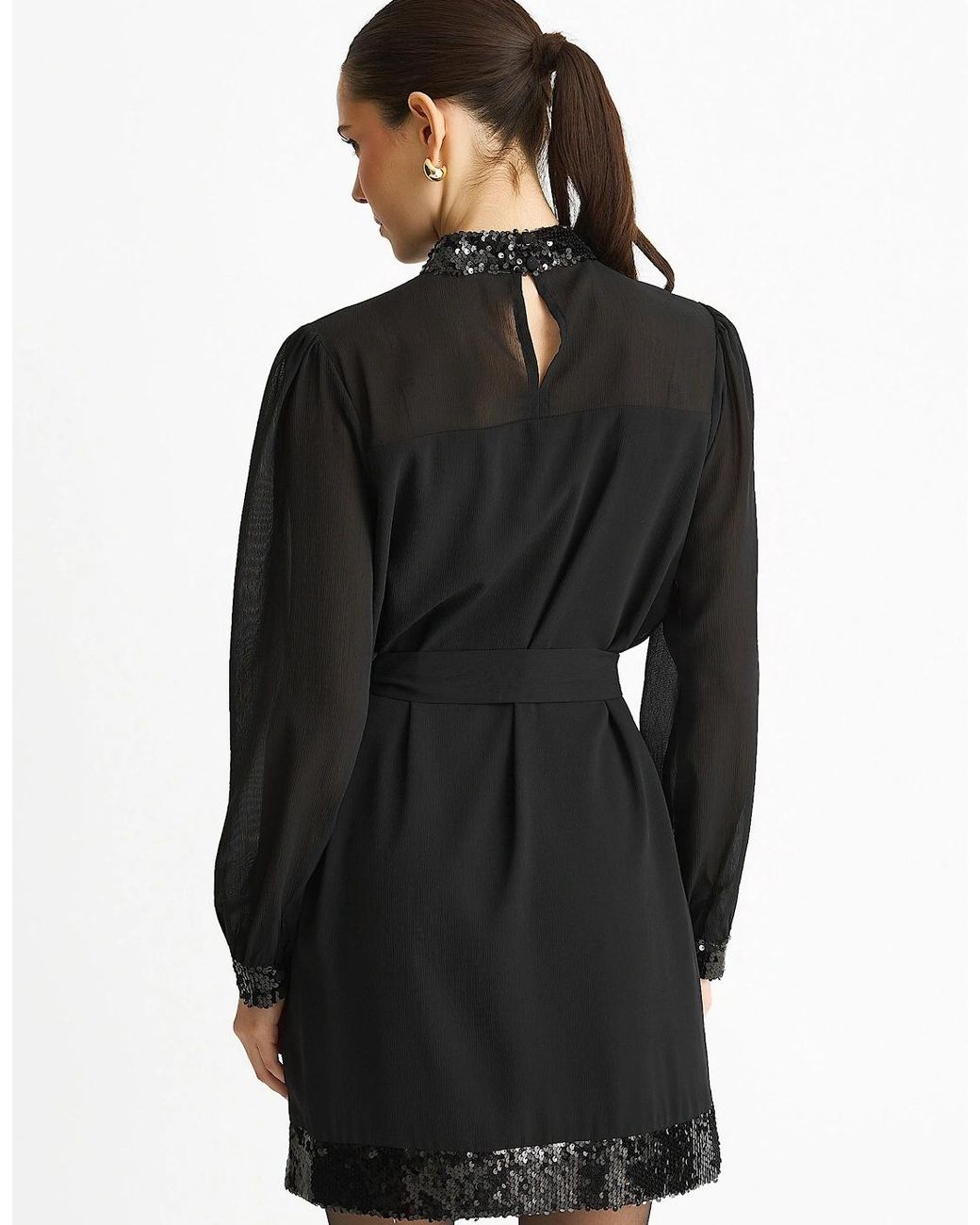 Gini London Black Sequin Trim High Neck Belted Mini Dress