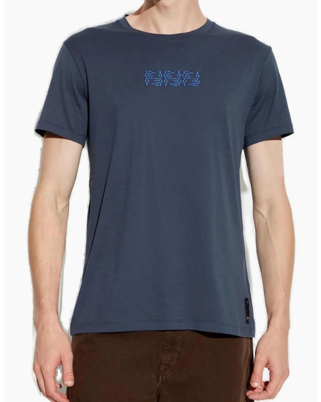 Fendi Blue Ff Labyrinth Embroidered T-Shirt for men