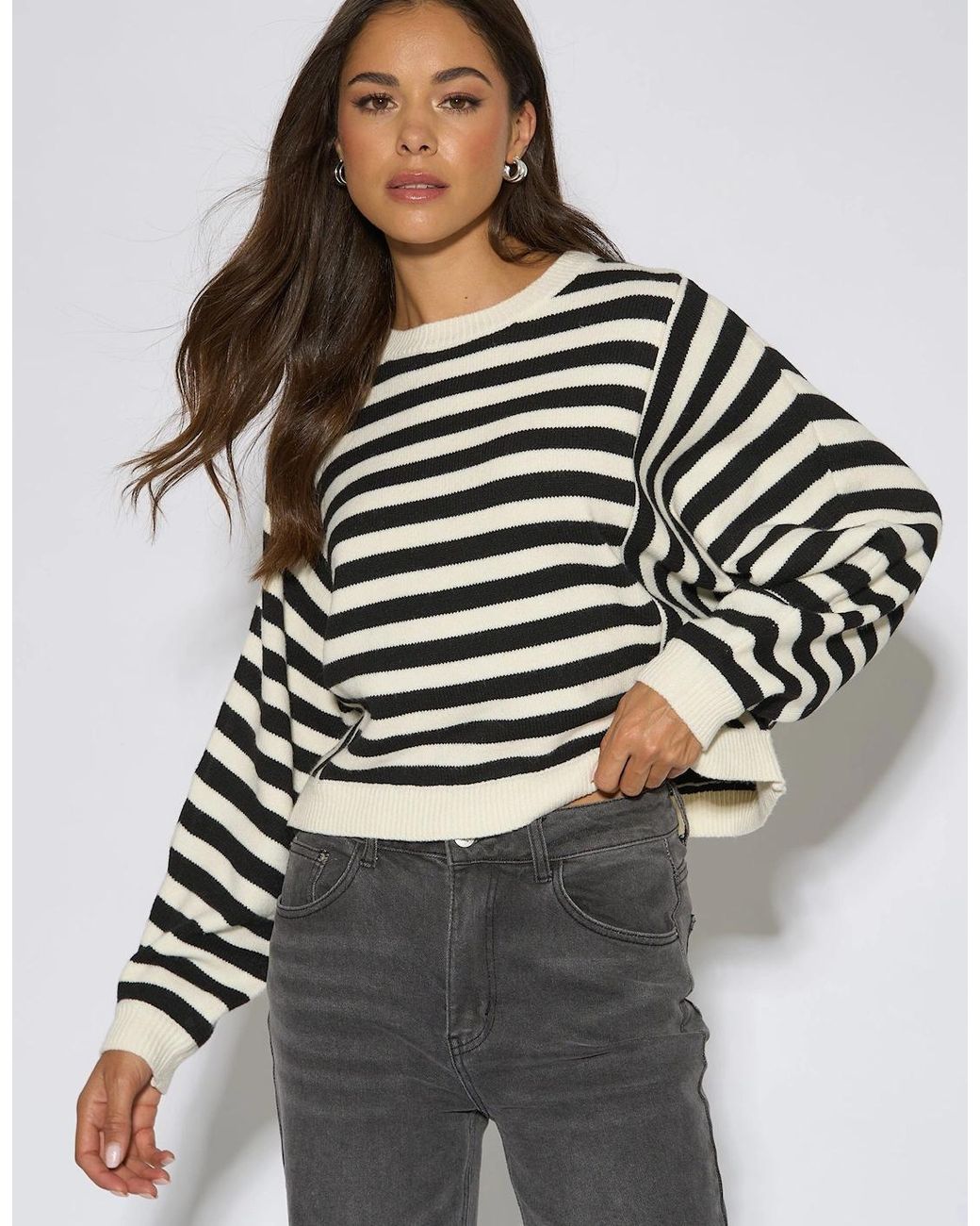 Gini London Blue Recycle Mix Contrast Stripe Loose Fit Knit Jumper