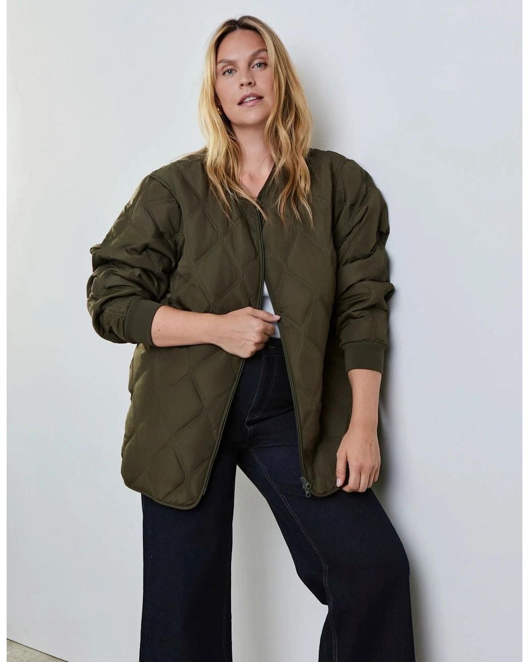 Live Unlimited London Green Khaki Quilted Bomber Jacket