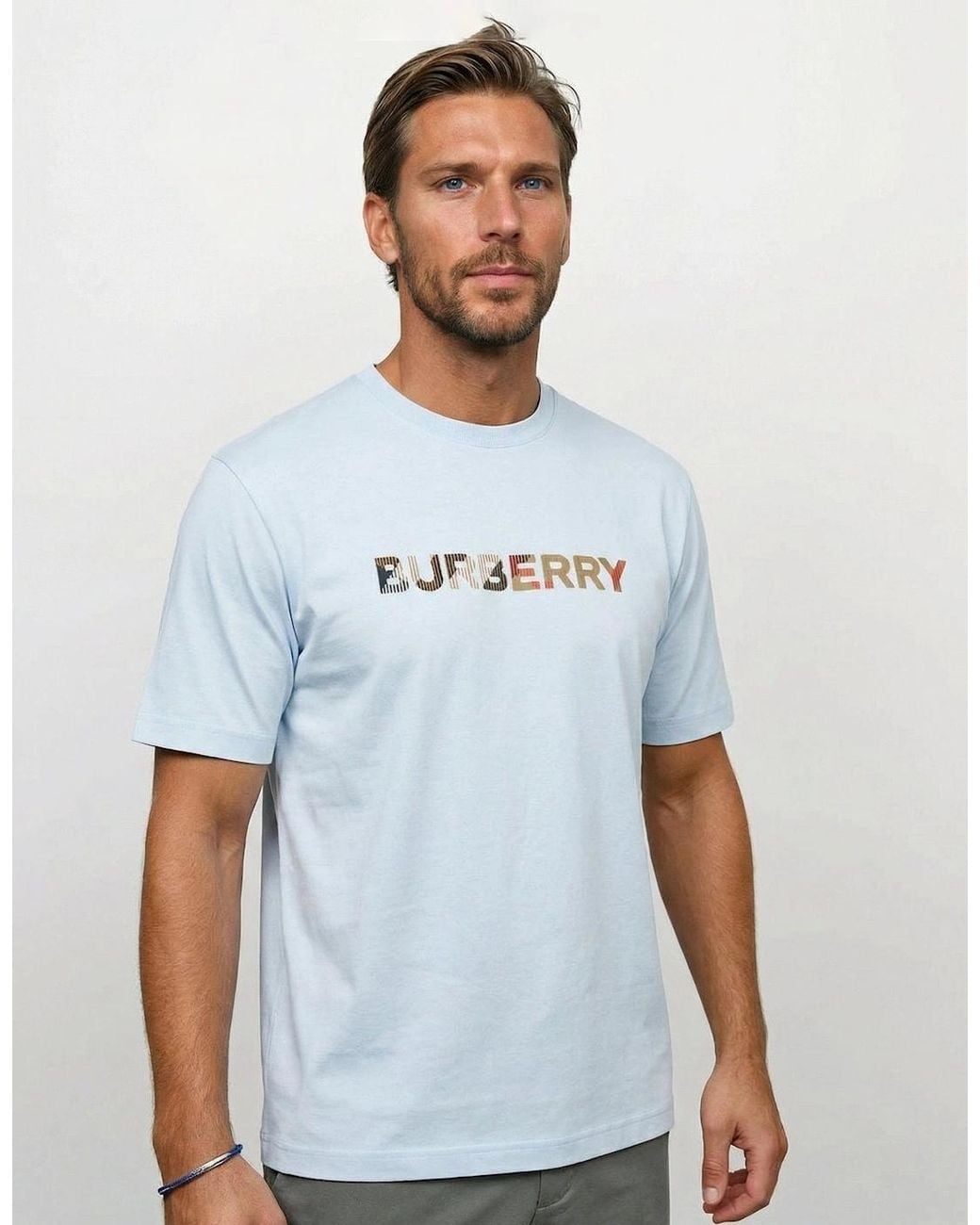 Burberry Blue Check Logo Embroidered T-Shirt Light for men