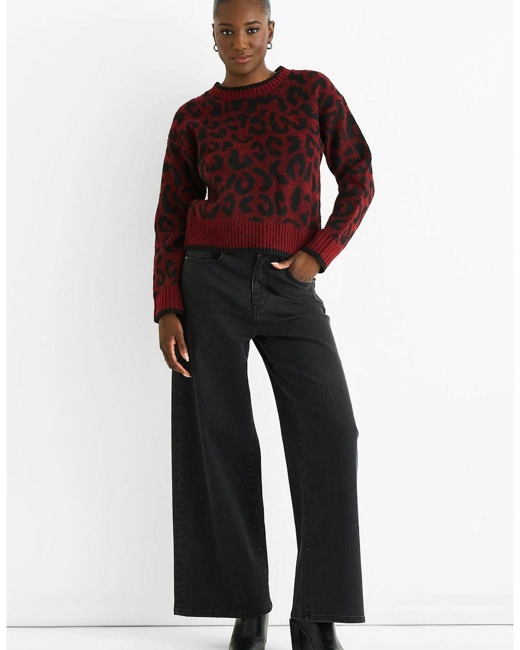 Gini London Red Burgundy Contrast Piping Animal Knit Jumper