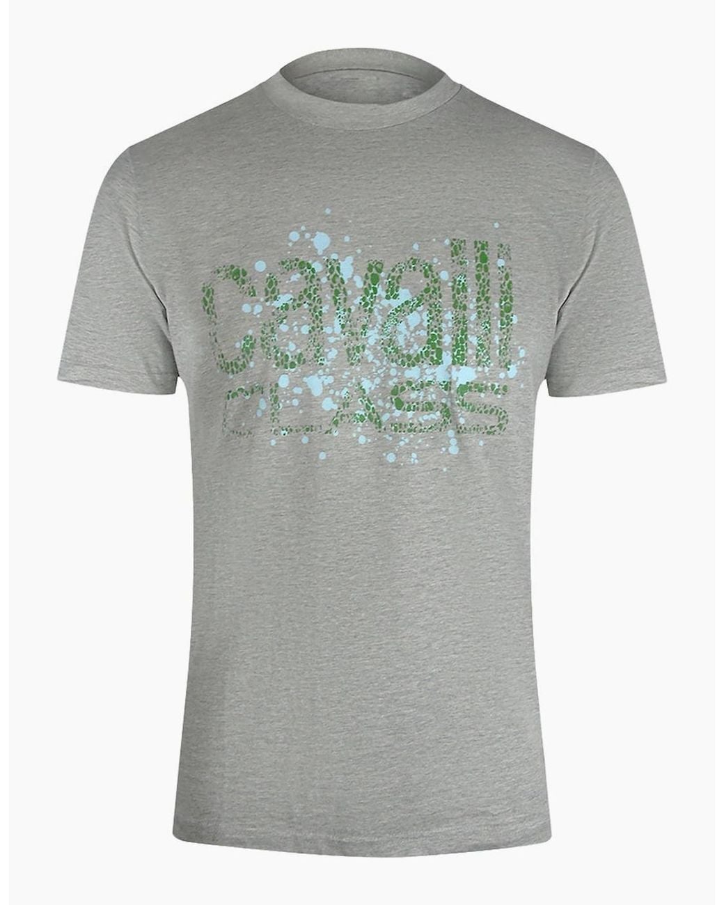 Roberto Cavalli Gray Cavalli Class Cracked Sprayed Logo Melange T-Shirt for men