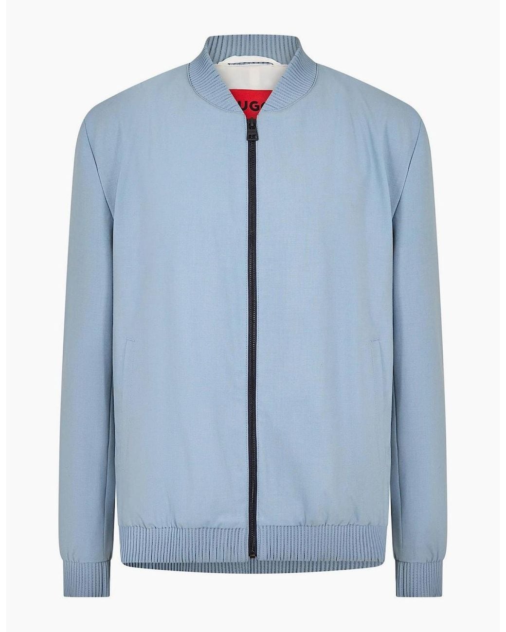 Boss Blue Ukashi Ribbed Cuff Bomber Collar Solid Patterned Blazer for men