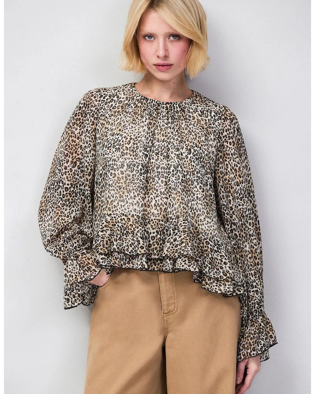 Ro&zo Brown Leopard Print Ruffle Hem Chiffon Blouse