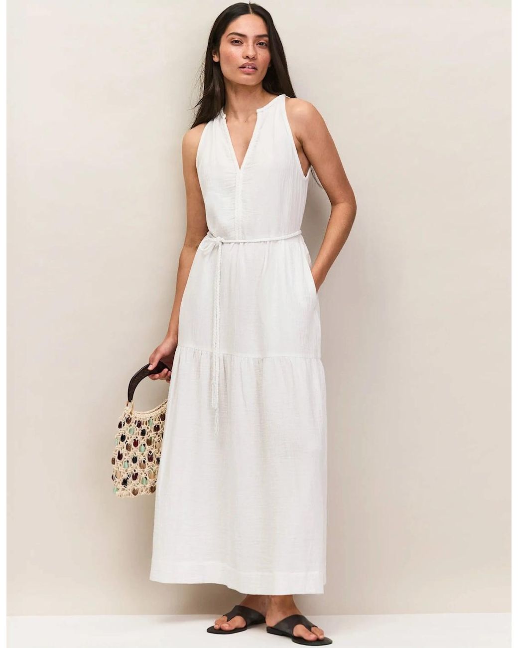 Ro&zo White Petite Ivory Cheesecloth Rope Belt Dress