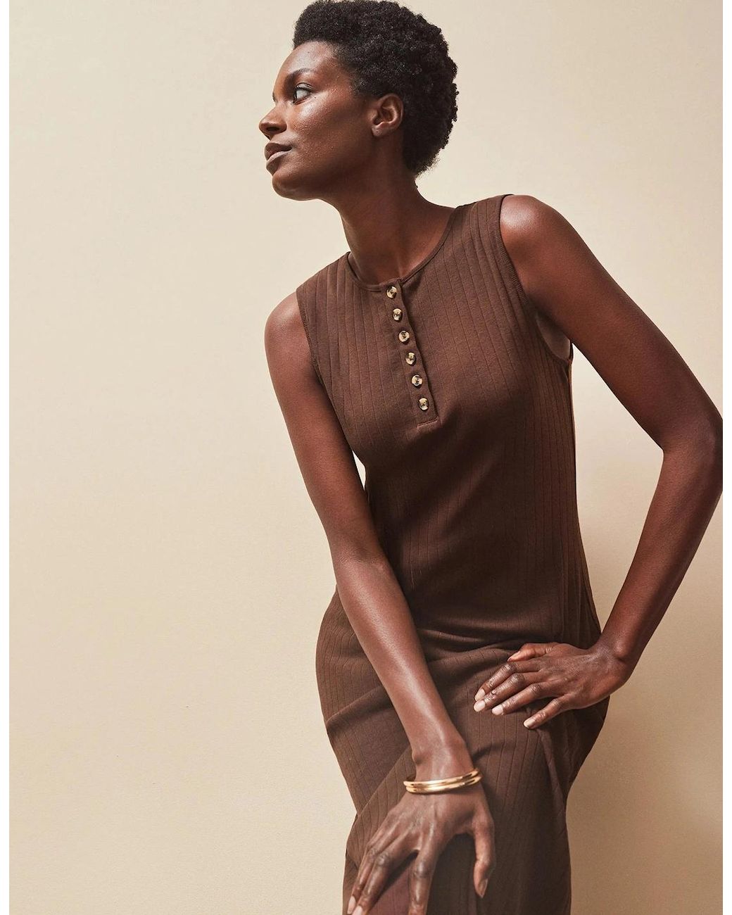 Ro&zo Natural Chocolate Rib Column Dress