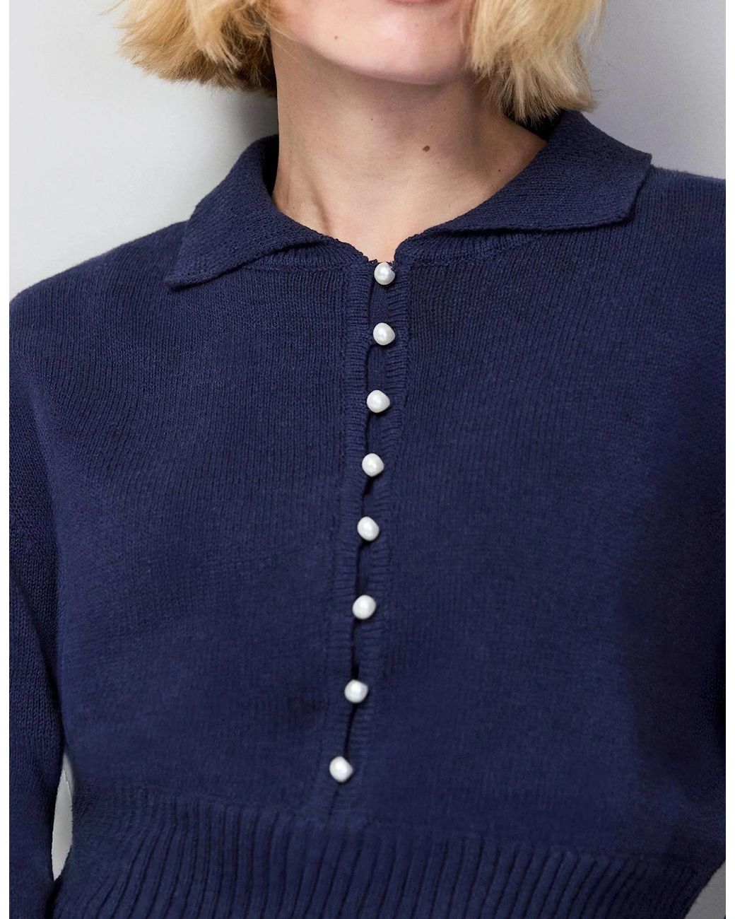 Ro&zo Blue Pearl-Button Cotton And Linen-Blend Jumper