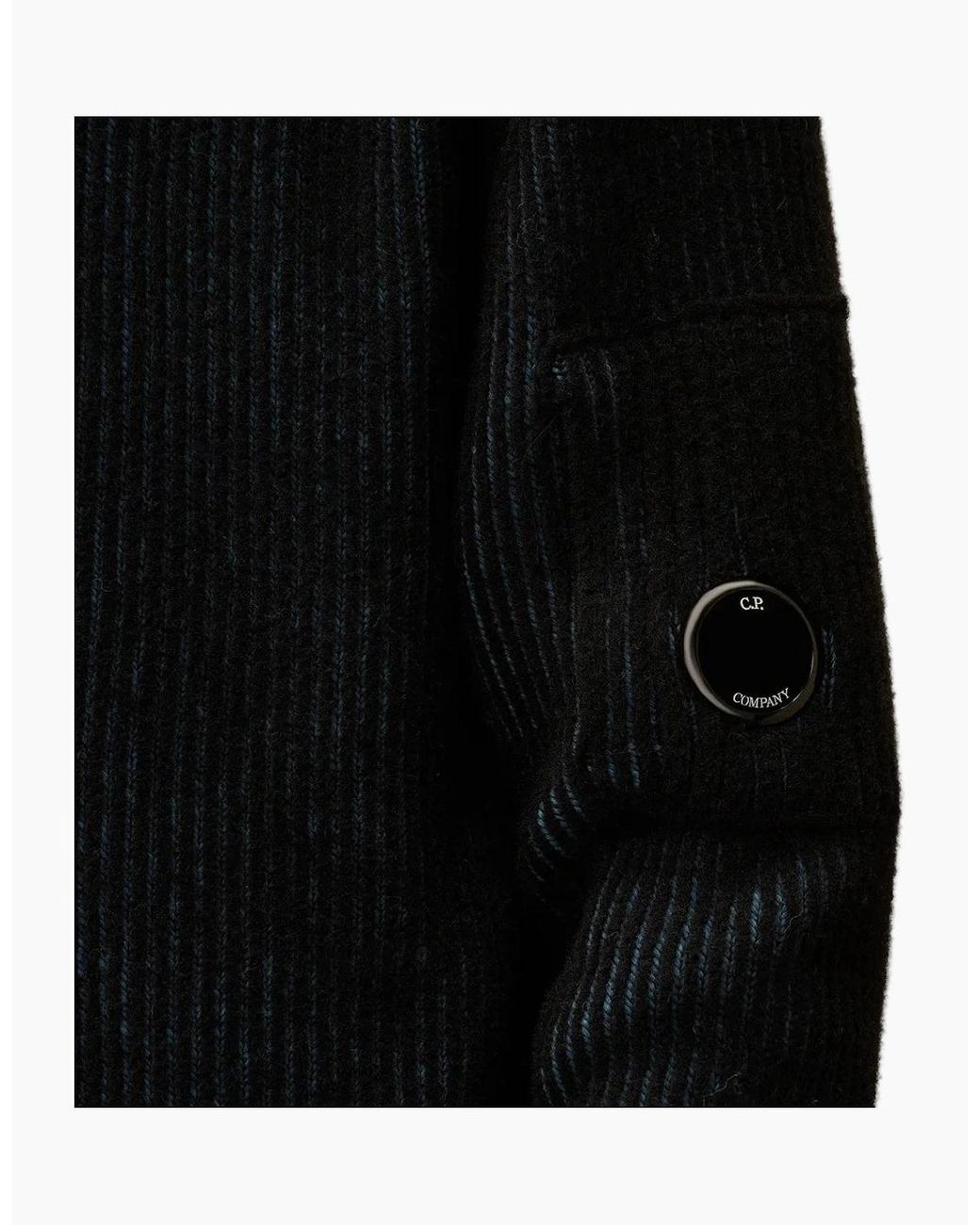 C P Company Black Fleece Knit Zip Lens Hooded Cardigan for men