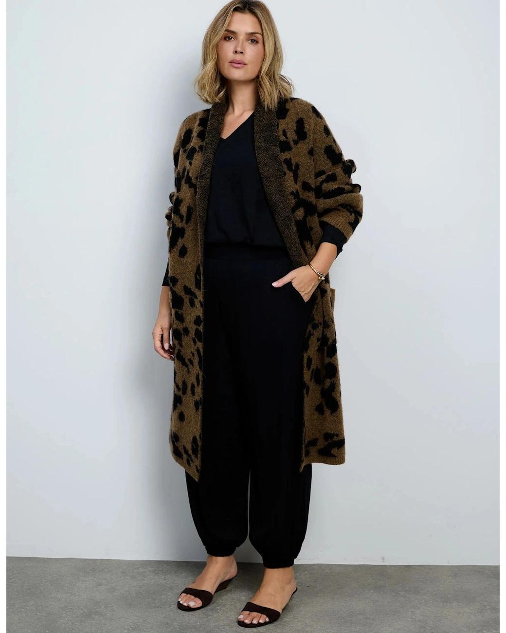 Live Unlimited London Brown Animal Alpaca Blend Coatigan With Patch Pockets