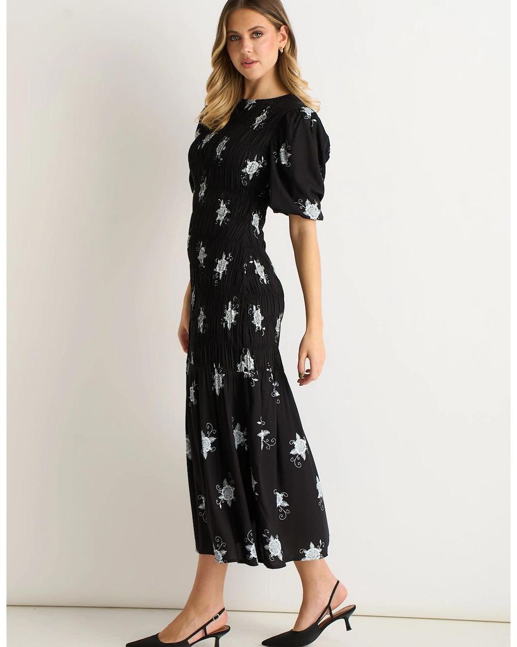 Gini London Black 3/4 Sleeves Paisley Ruched Midi Dress