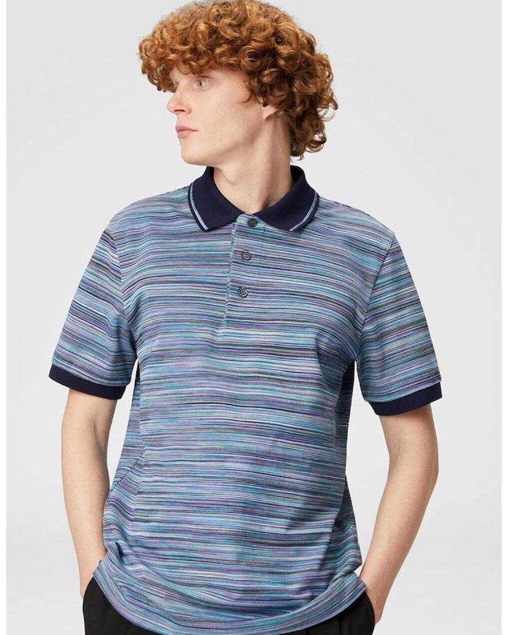 Missoni Blue Striped Slub Polo Shirt for men
