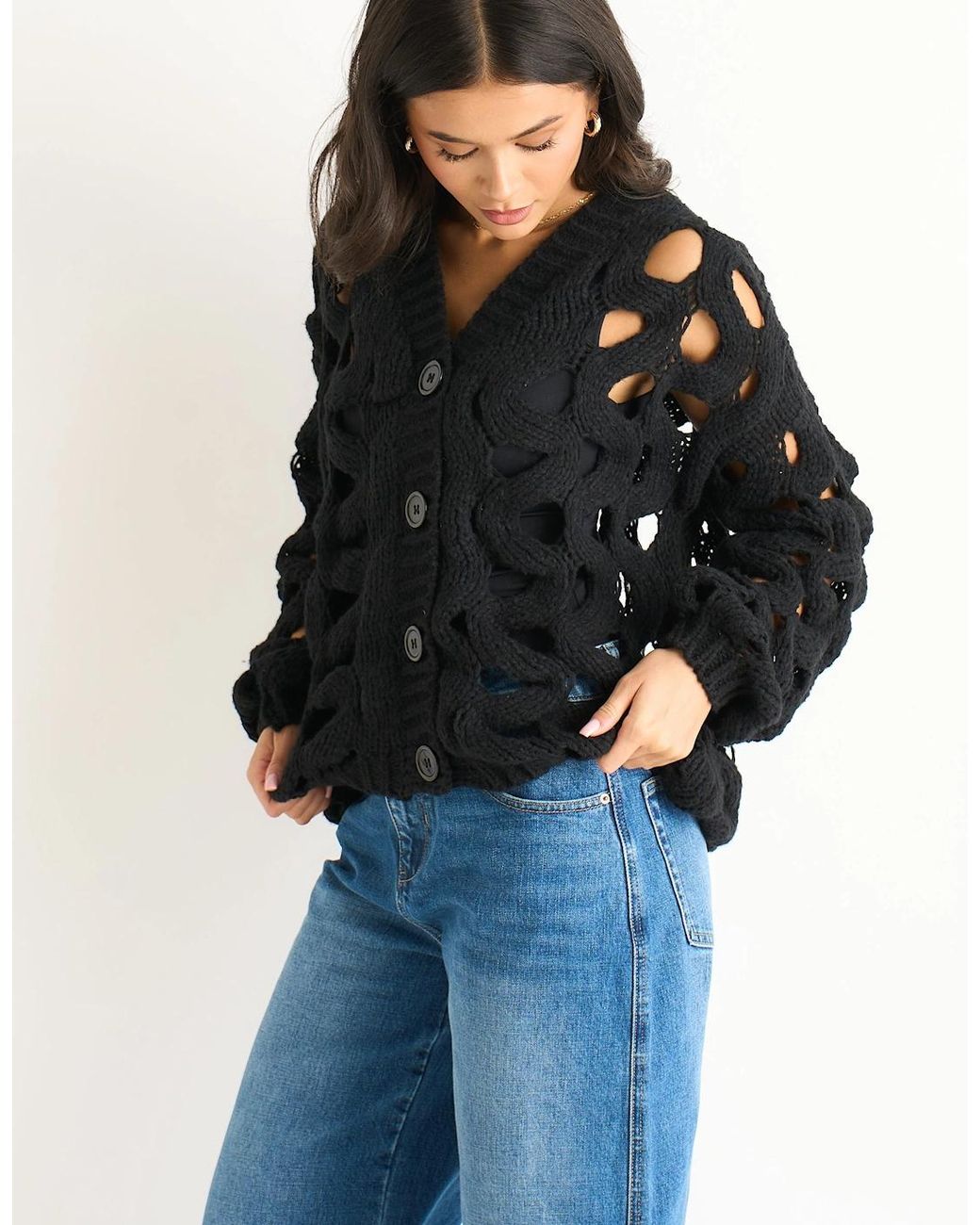 Gini London Blue Hollow Chunky Knit Cardigan