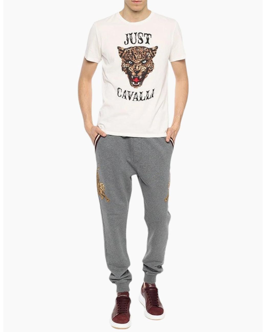 Just Cavalli White S01Gc0419 T-Shirt Tiger Print Short Sleeve Cotton Half for men