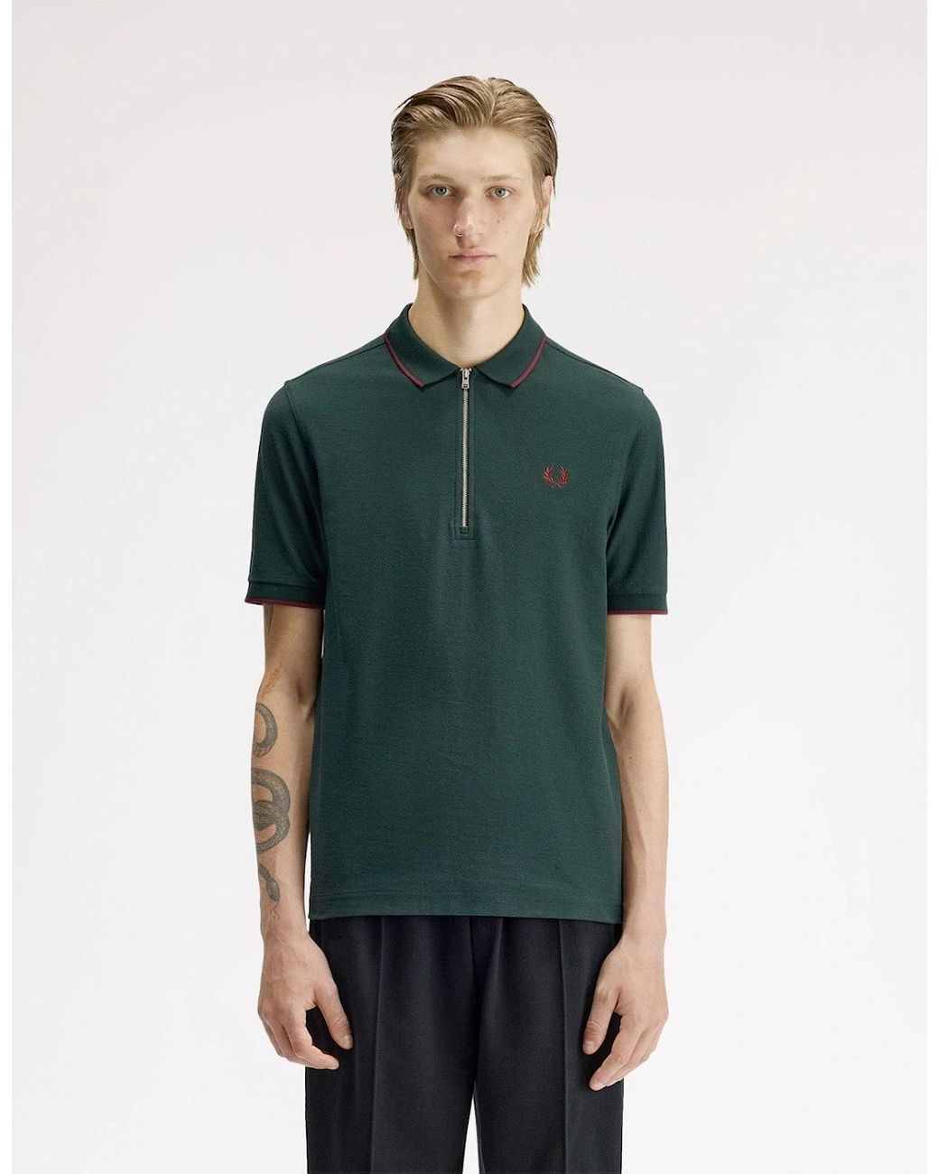 Fred Perry Green Crepe Pique Zip Neck Polo Shirt for men