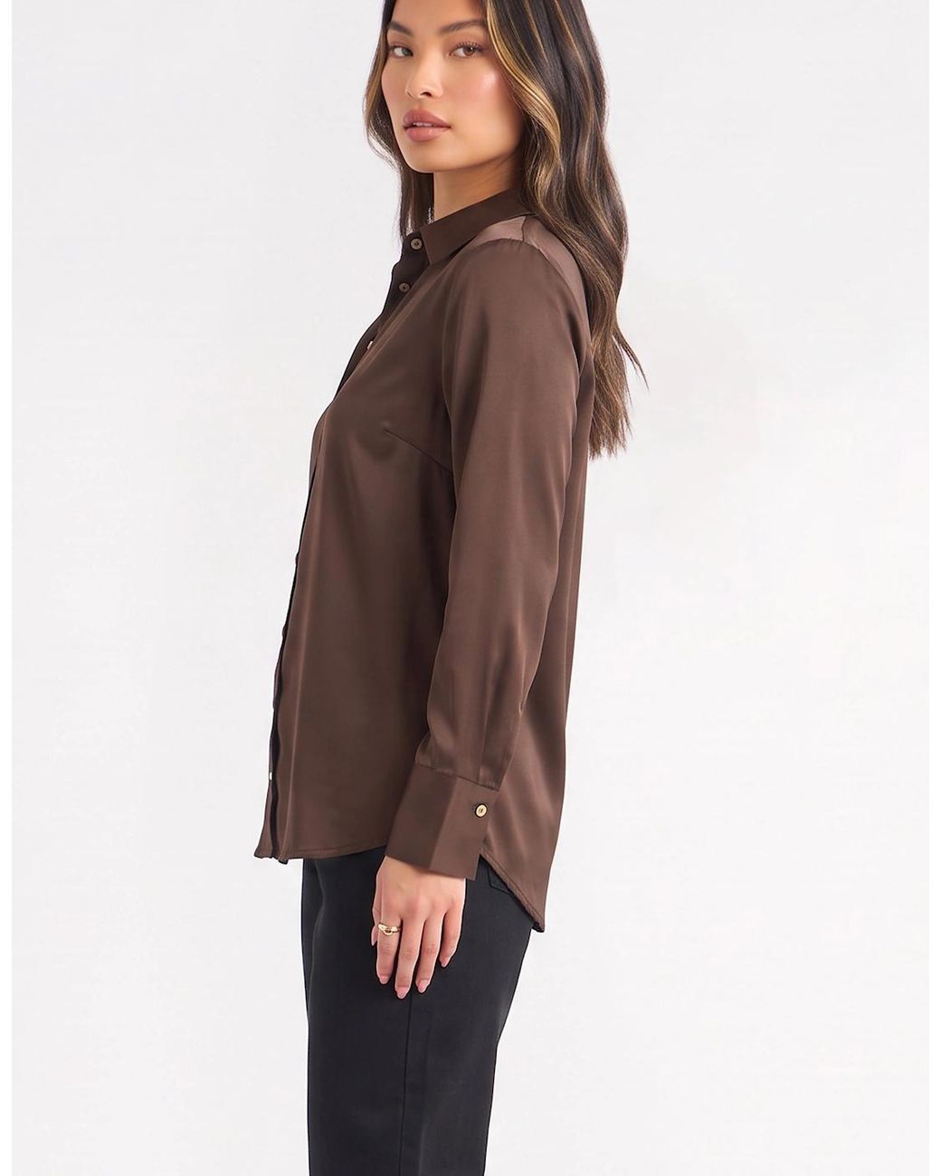 Gini London Brown Satin Loose Fit Button Through Shirt