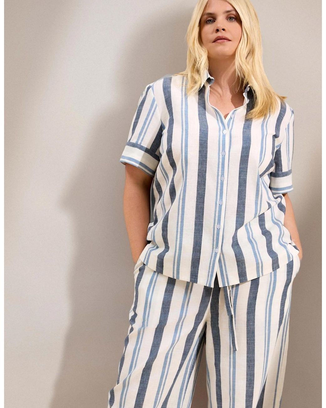 Live Unlimited London Blue Stripe Short Sleeve Linen Shirt