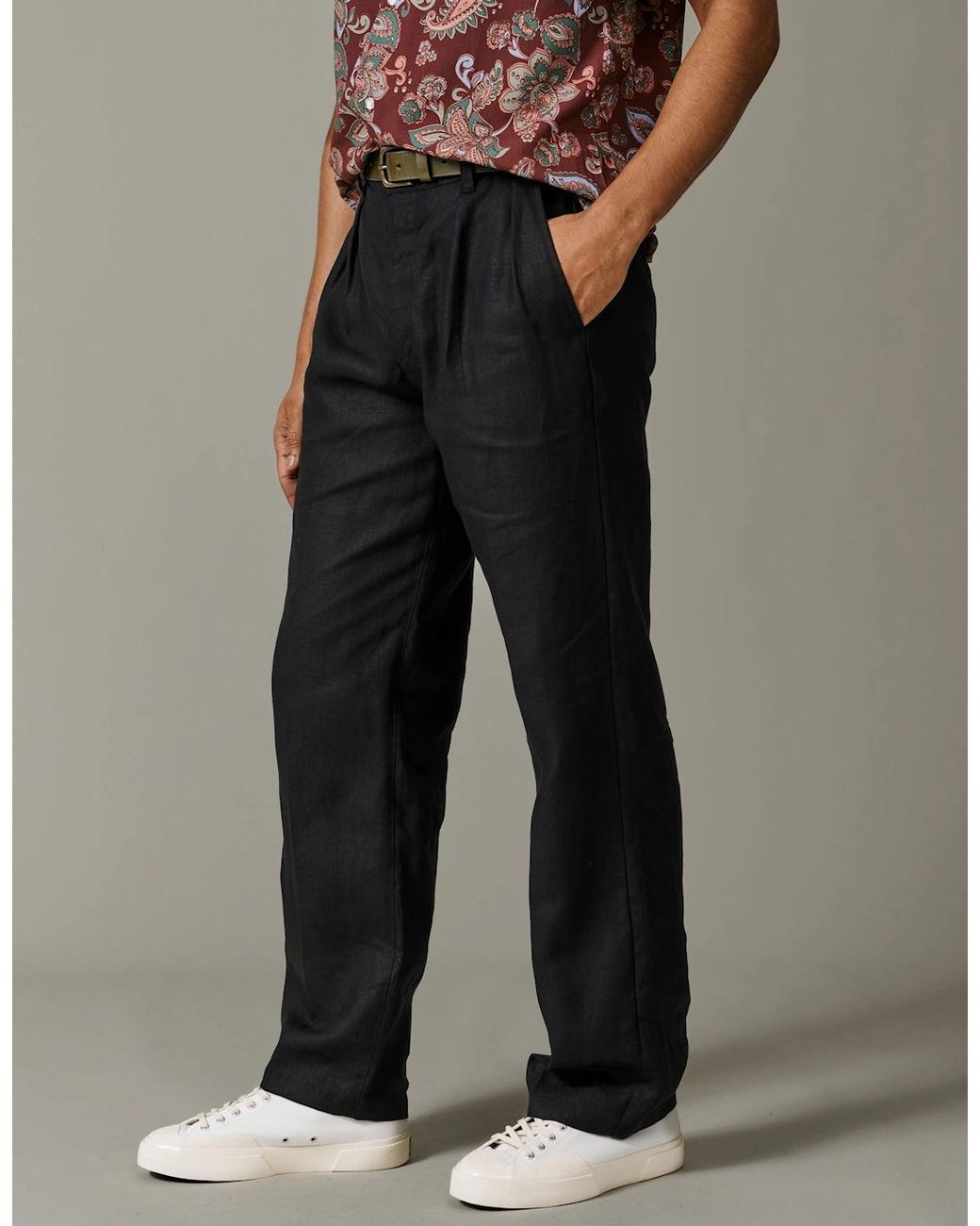 aubi Black Belvedere Relaxed Linen Trouser for men