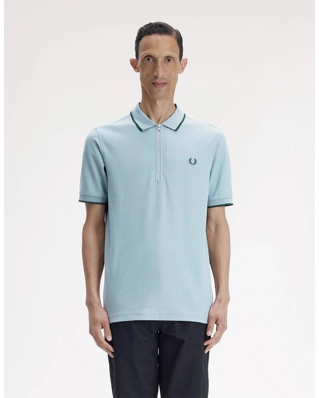 Fred Perry Blue Crepe Pique Zip Neck Polo Shirt for men