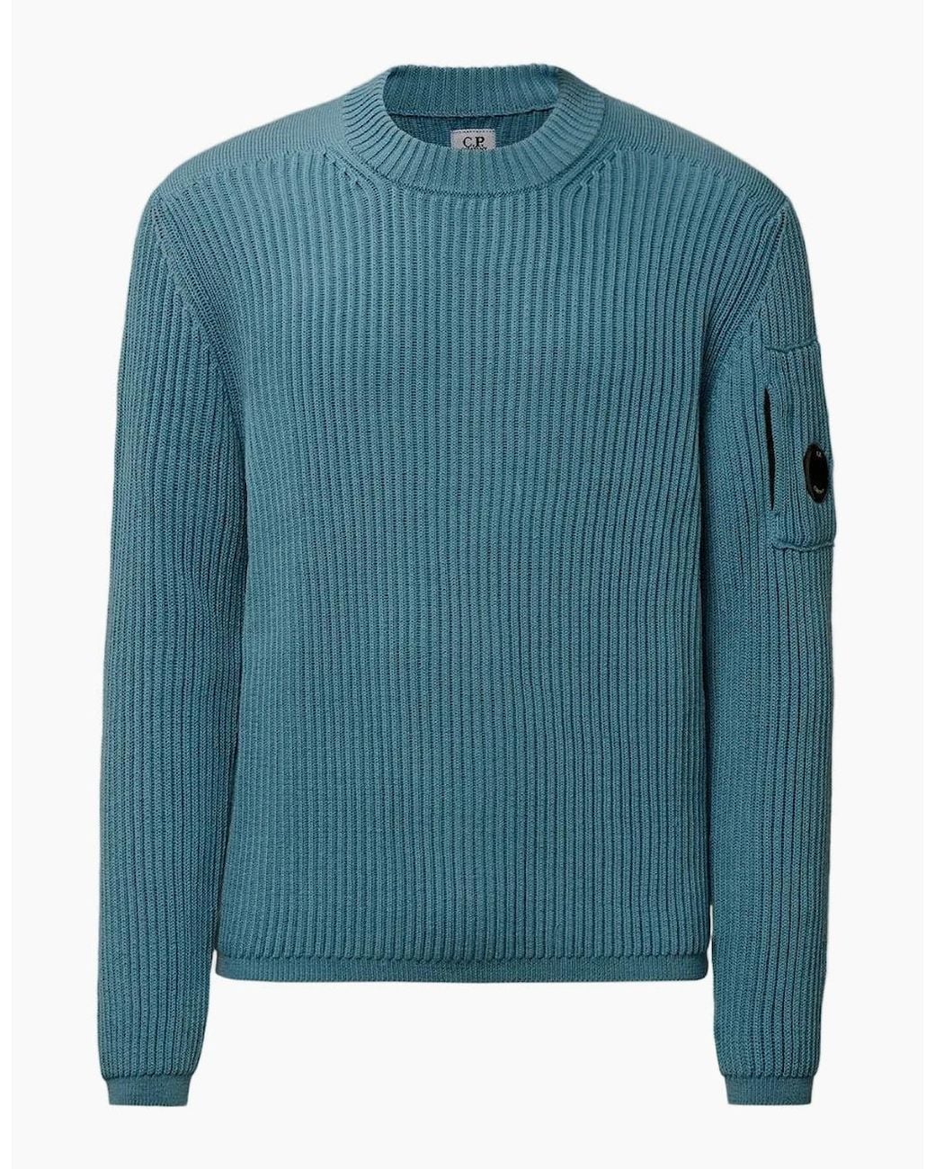 C P Company Blue Re-Wool Full Rib Crewneck Lens Knit for men