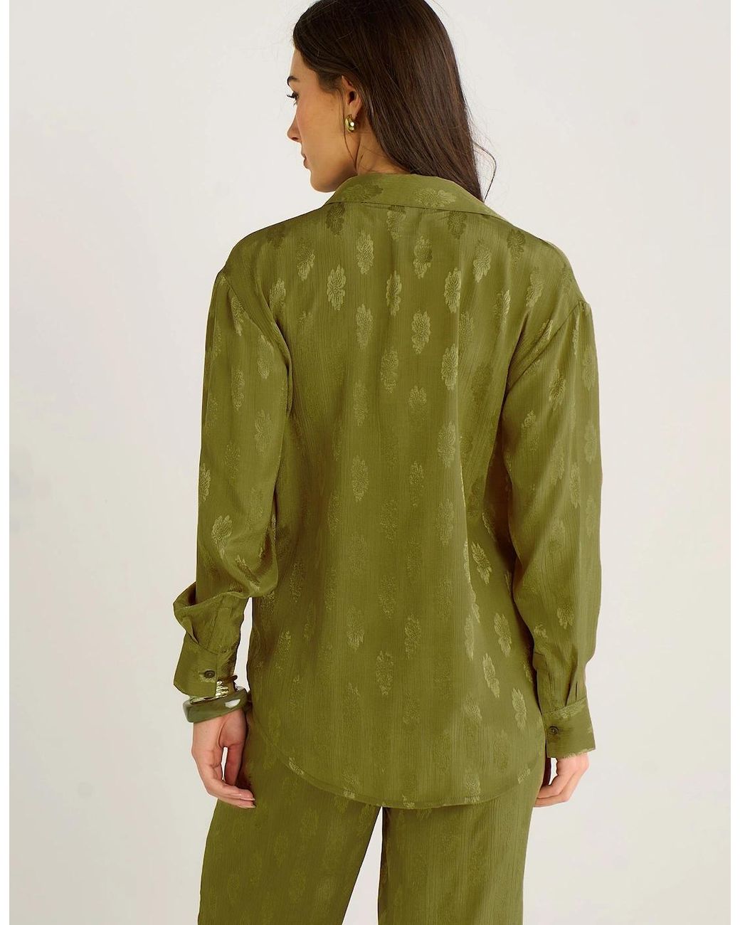Gini London Green Khaki Floral Satin Jacquard Shirt