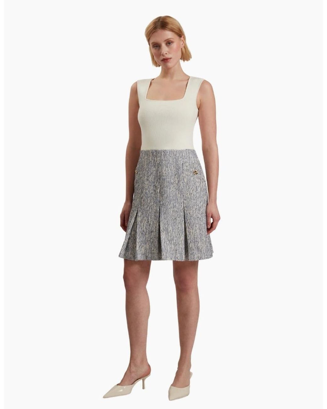 Ted Baker Gray Vulpam Sleeveless Knit Bodice Boucle Light Dress