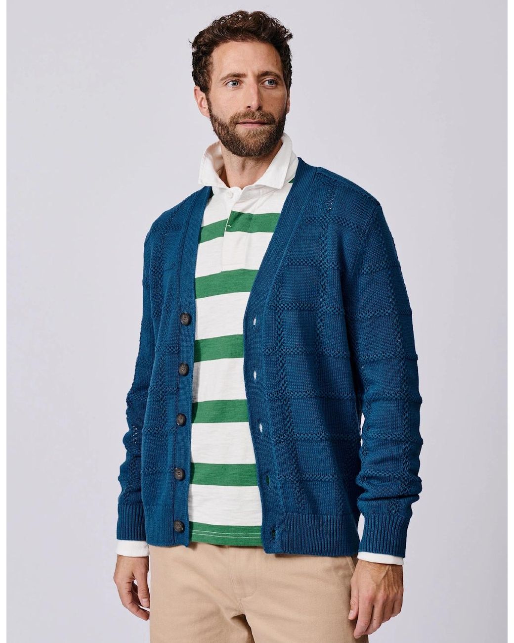 aubi Blue Rainham Cotton Stitch Detail Cardigan for men