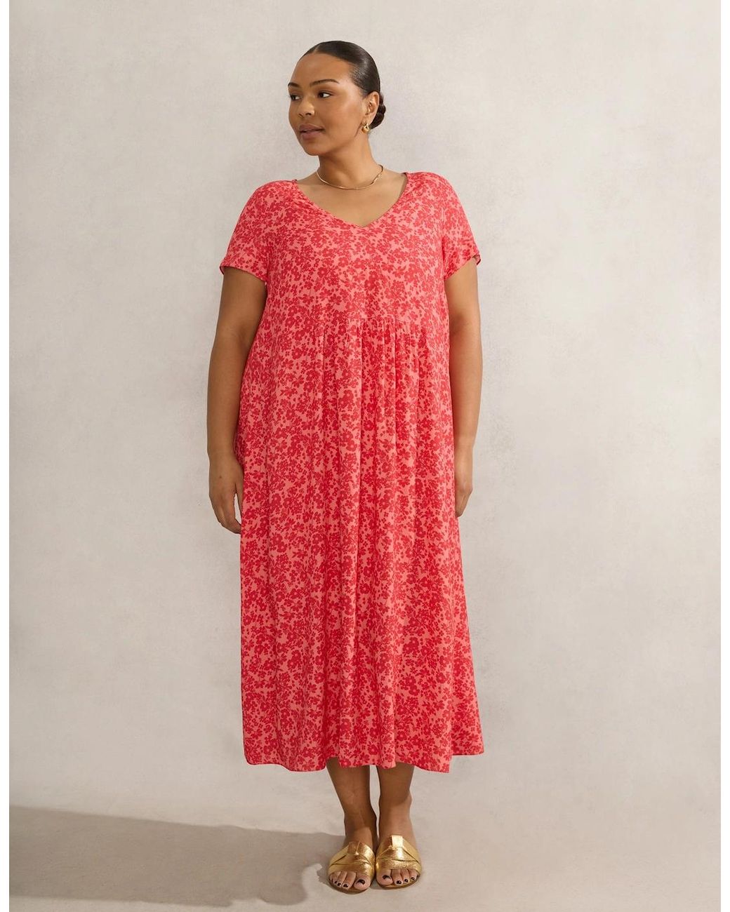 Live Unlimited London Red Ditsy Short Sleeve Midi Dress