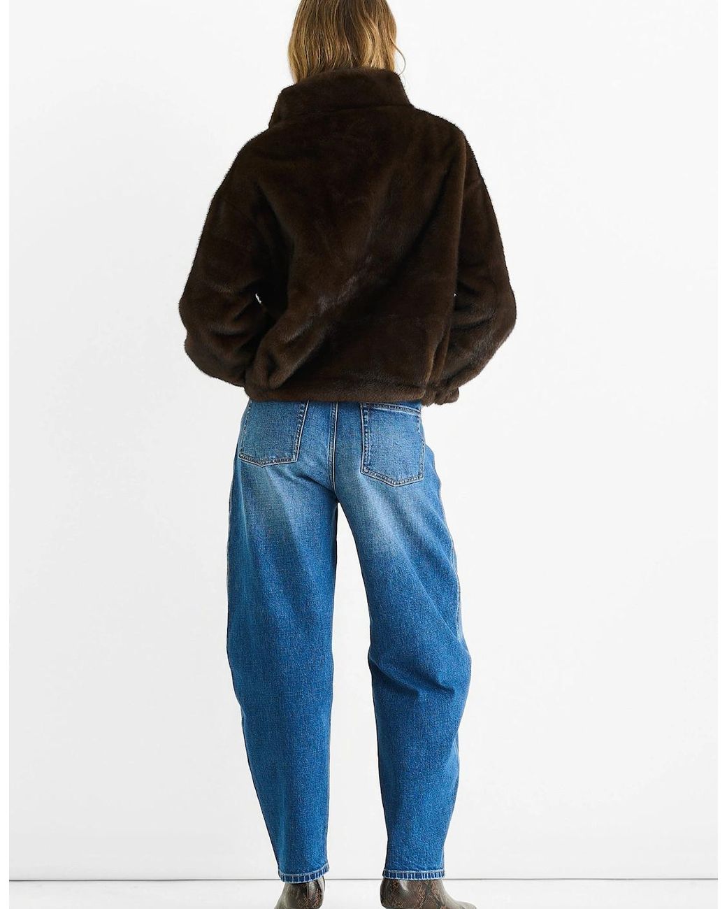 Gini London Blue Coffee Funnel Neck Button Up Faux Fur Jacket