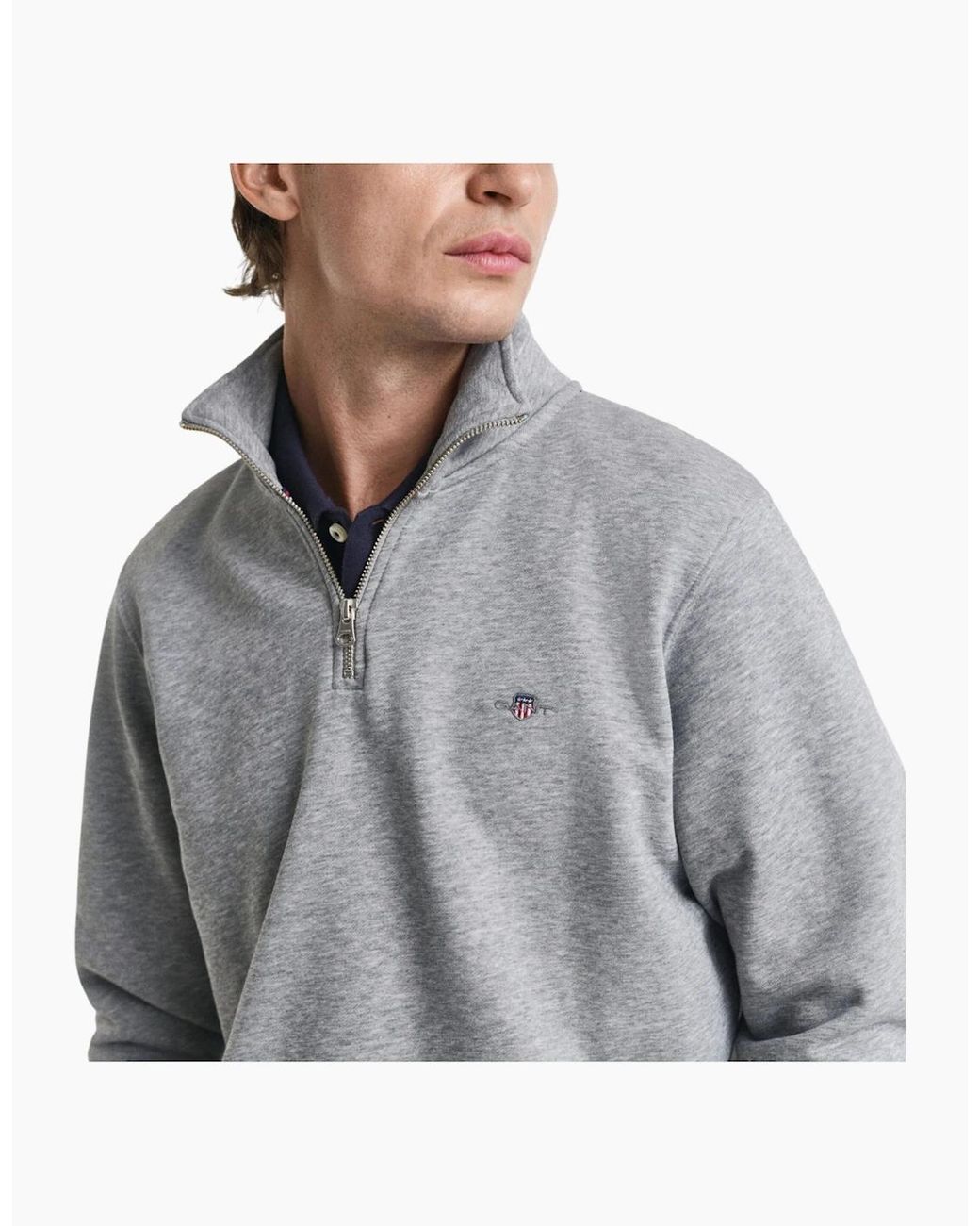 Gant Gray Sweatshirt Embroidered Shield Half Zip Pullover Winter Jumper for men