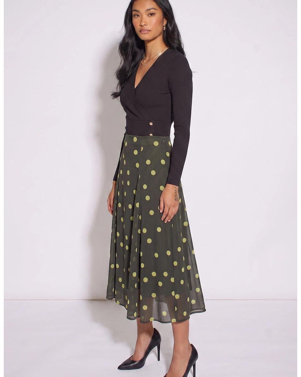 Gini London Black Lime Spot Satin Godet Midi Skirt