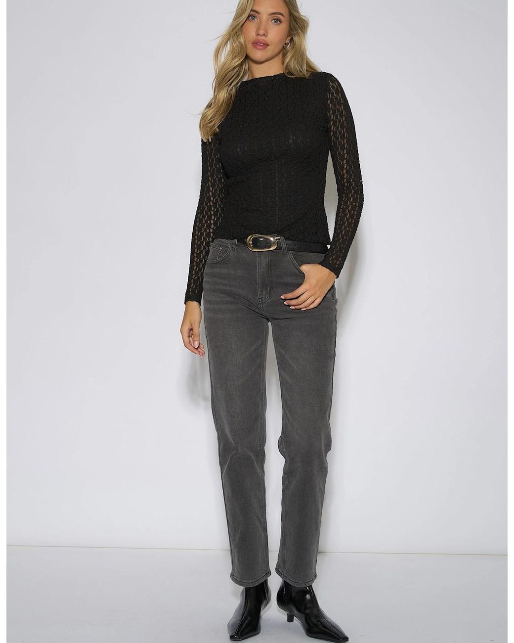 Gini London Black High Neck Jersey Lace Long Sleeve Top