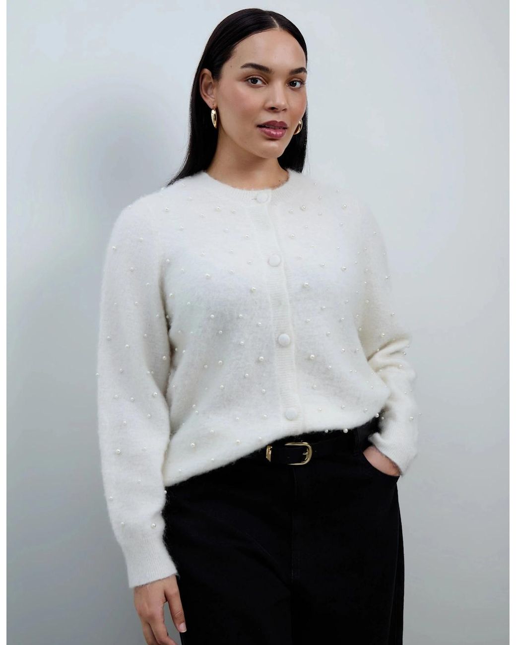 Live Unlimited London White Pearl Button Through Cardigan With Mohair