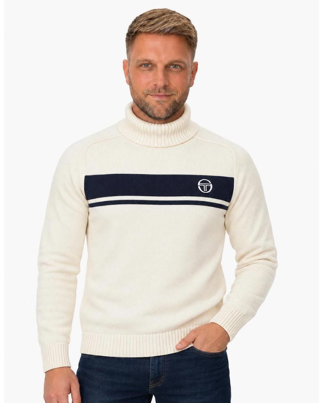 Sergio Tacchini White Damarindo Knitted Turtle Neck Jumper Maritime/Gardenia for men