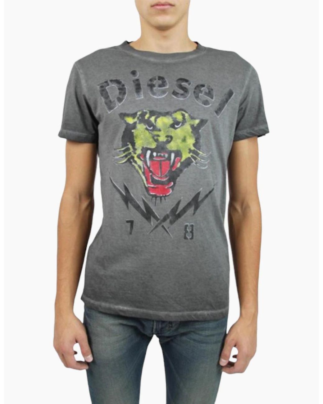 DIESEL Gray T Sons T Shirts Short Sleeve Tiger Print Casual Summer Cotton Tees