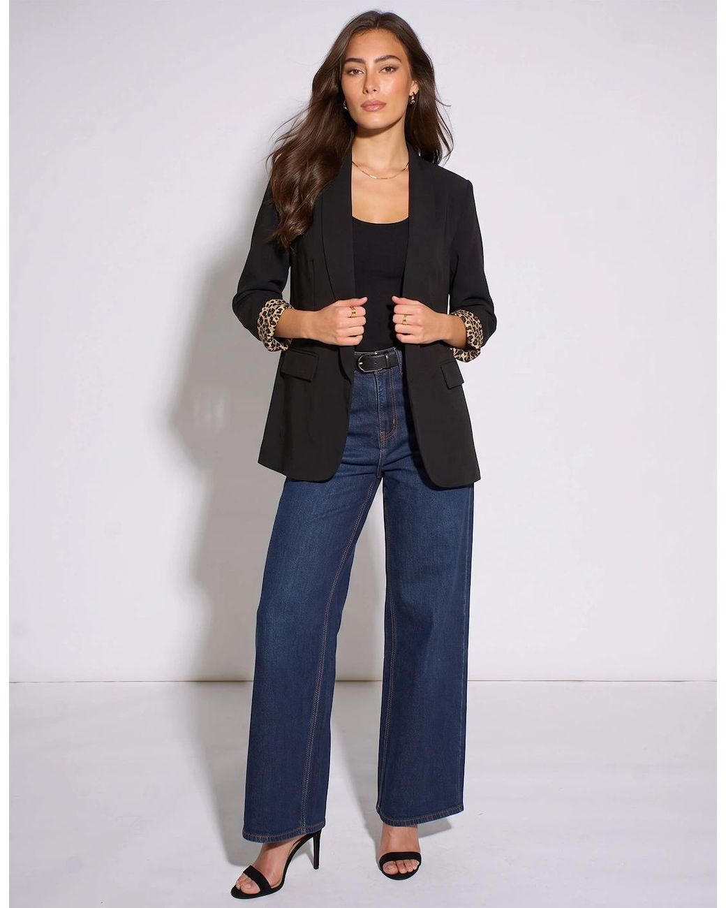 Gini London Black Contrast Animal Edge To Edge Blazer