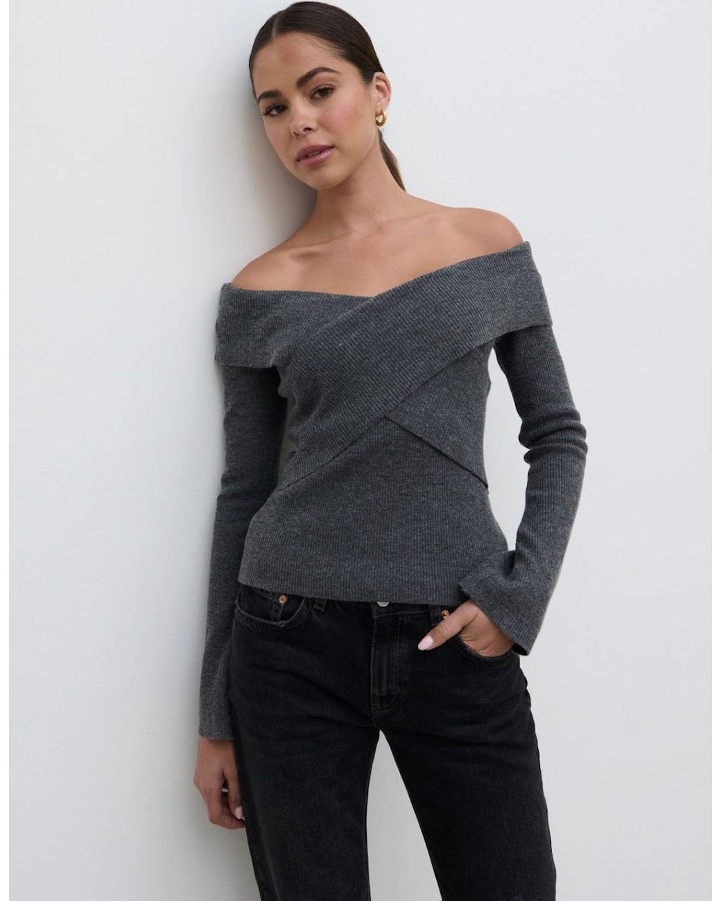 Pretty Lavish Gray Daphne Cross Over Knit Top