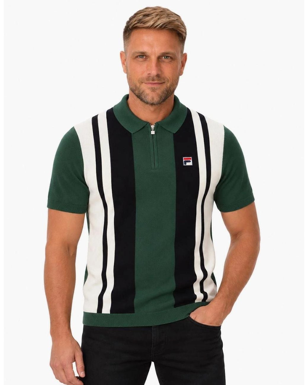 Fila Green Lazar Knitted Colour Block Zip Polo Shirt Pine Needle//Gardenia for men