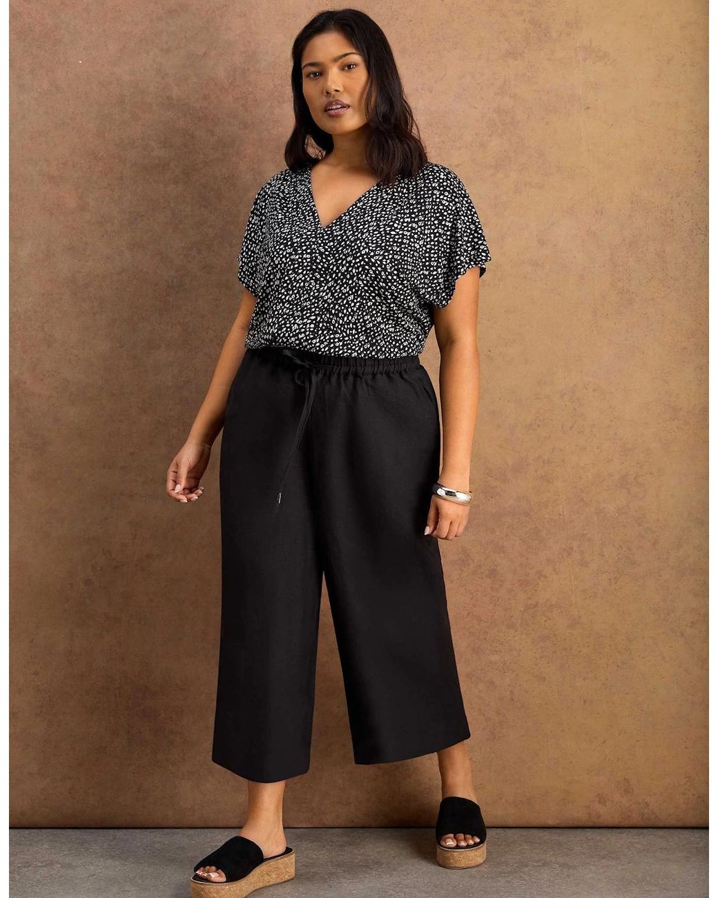 Live Unlimited London Black Linen Blend Drawstring Cropped Trousers