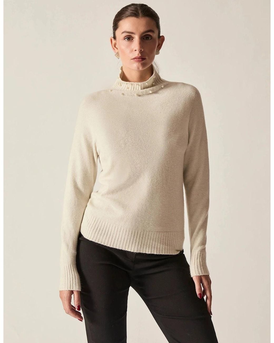 James Lakeland Natural Pearl-Embellished High-Neck Jumper