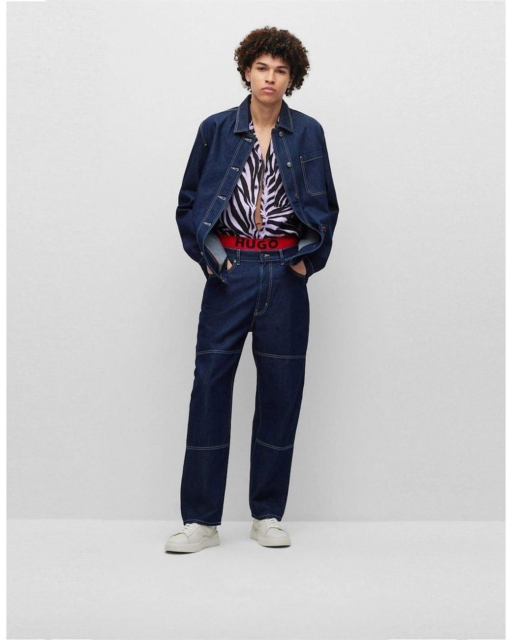 Boss Blue Solid Patterned Denim Jacket With Shirt Collar for men