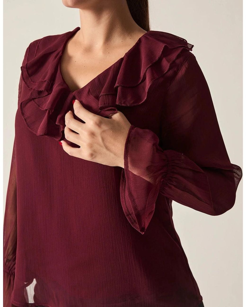 James Lakeland Red Burgundy Sheer-Sleeve Ruffle Blouse