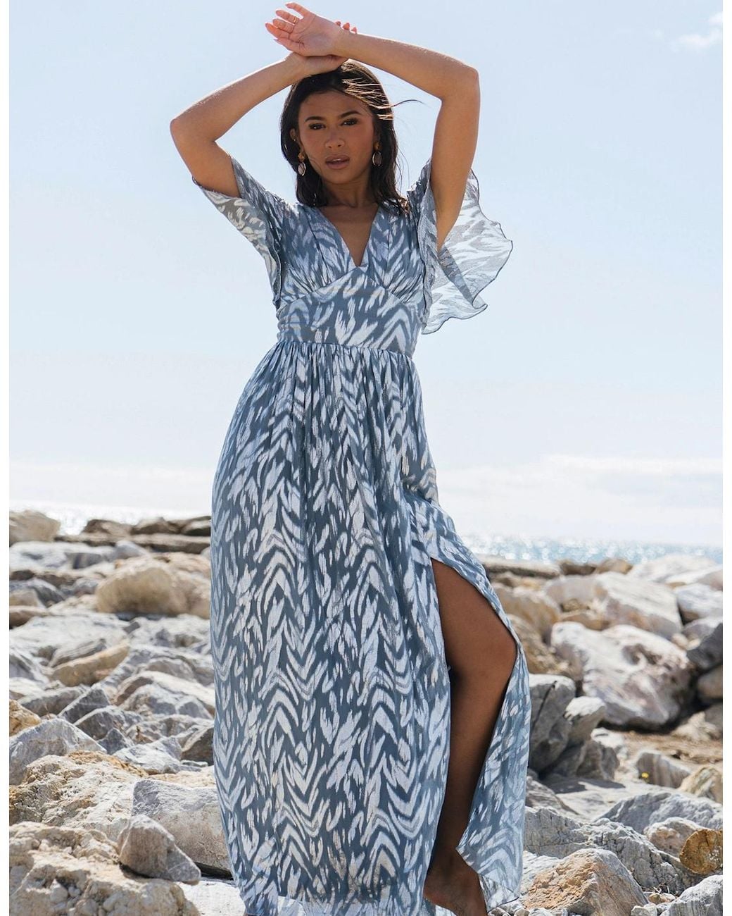 Gini London Blue Flowy Abstract Print Slit Maxi Dress