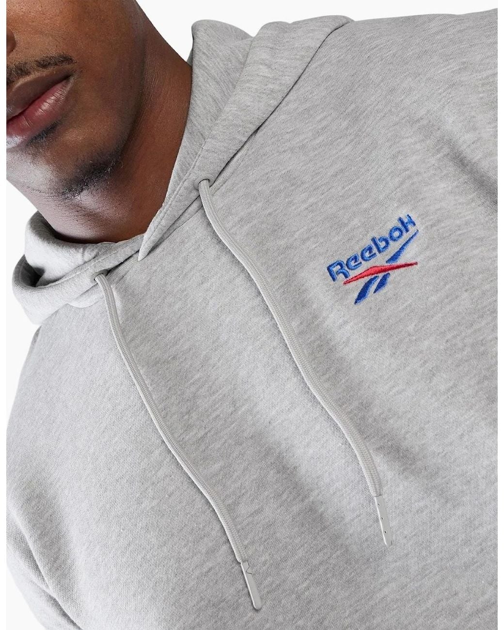 Reebok Gray Id 2-Col Logo Hoodie Cotton Hooded Sweatshirt for men