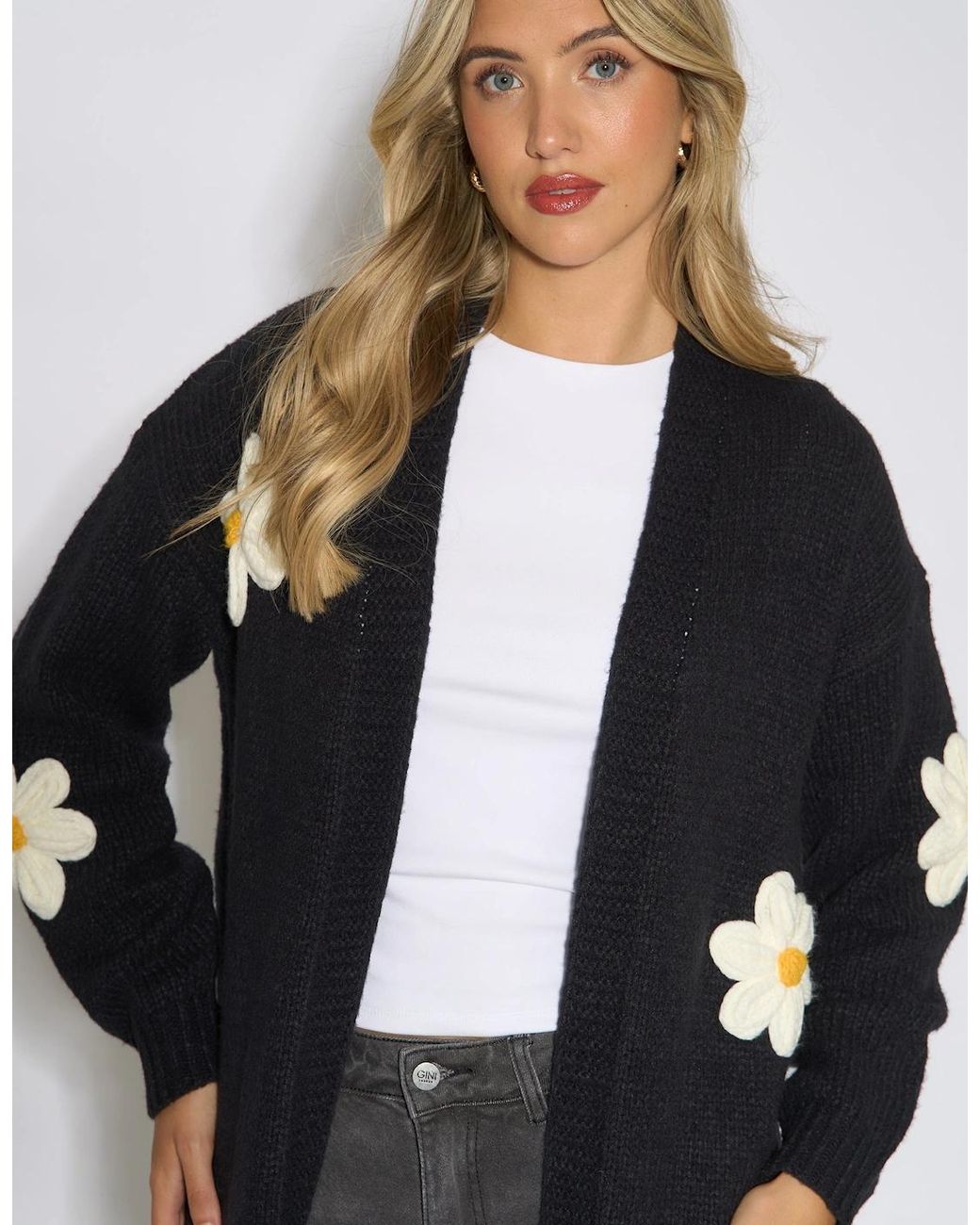 Gini London Black 3D Daisy Flower Longline Cardigan